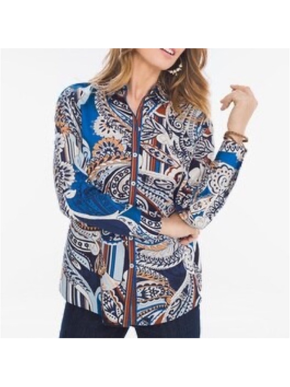 Chico's Blue Paisley Button-Down Shirt with Brown Accents